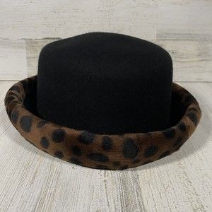 Vintage Wards Black 100% Wool Fedora Hat Cheetah Print Roll Up Trim Brand New